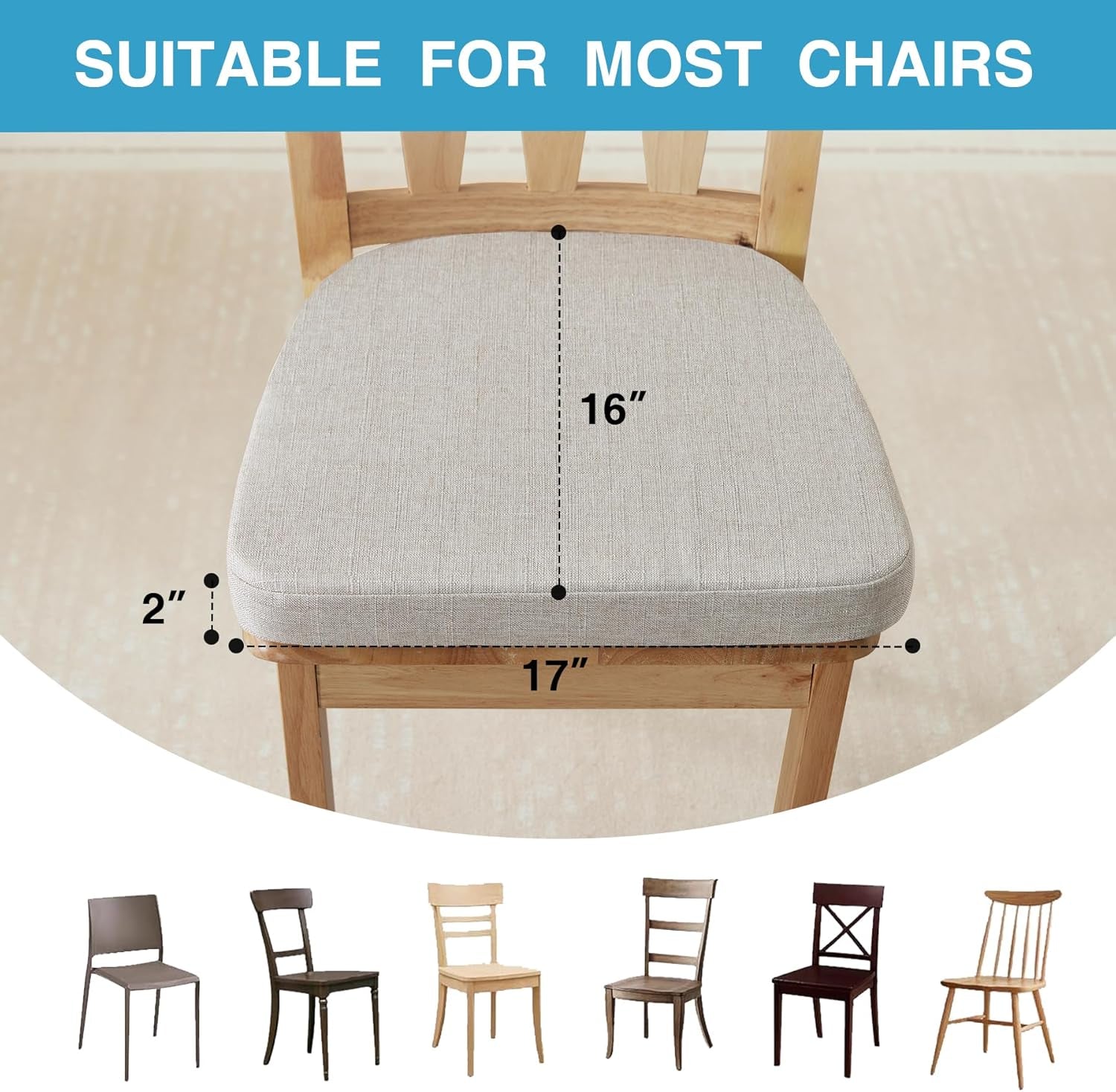 Chair Cushions for Dining Chairs Set of 4, Non Slip Kitchen Chair Pads, 17" X 16" X 2", Indoor Dining Chair Cushions with Ties, D-Shaped Seat Cushions for Kitchen Chairs, Beige