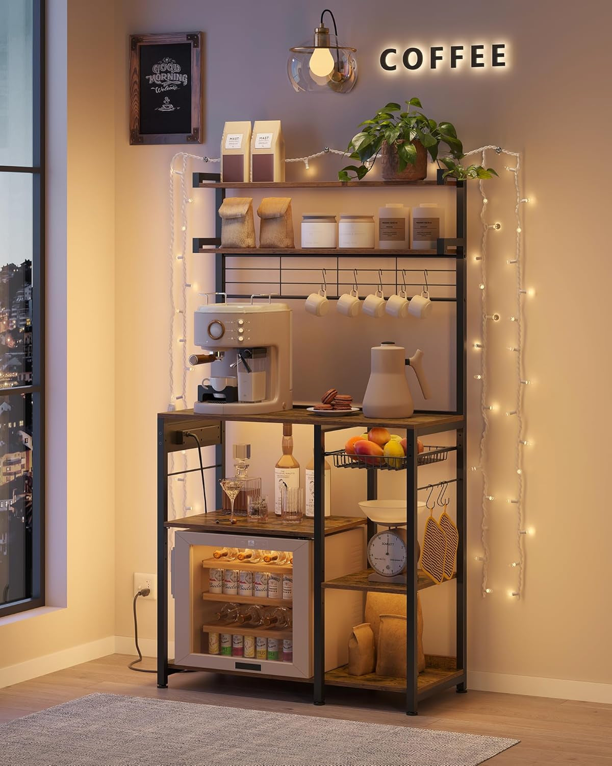 Baker'S Rack, Microwave Stand, Kitchen Storage Rack with Wire Basket, 6 Hooks, and Shelves, for Spices, Pots, and Pans, Charcoal Gray and Ink Black UKKS035B04