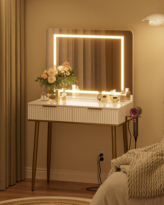 Makeup Vanity Desk with Lights and Mirror, Small Makeup Vanity Table with 2 Drawers, Dressing Table with 3 Adjustable Lighting Color, Small Makeup Desk for Bedroom, White with Gold Leg