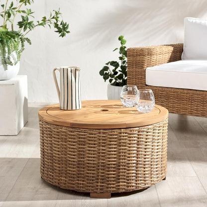 Couture Collection – Anguilla Faux Wicker Indoor/Outdoor Storage Coffee Table, Fully Assembled, Natural Brown Patio Accent Table with Removable Wood Top (CPT2103A)