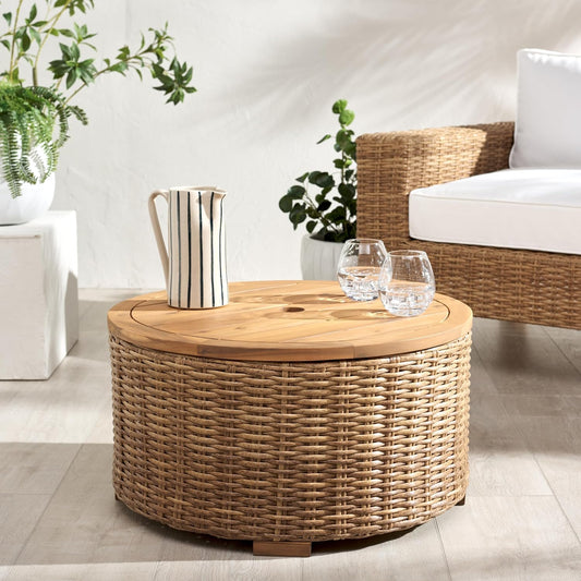 Couture Collection – Anguilla Faux Wicker Indoor/Outdoor Storage Coffee Table, Fully Assembled, Natural Brown Patio Accent Table with Removable Wood Top (CPT2103A)