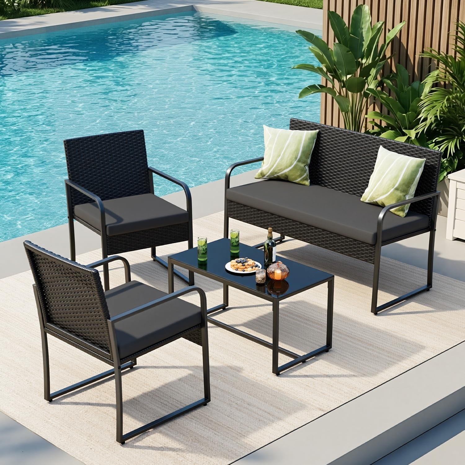 Black Wicker Furniture with Glass Coffee Table, 4 Piece Patio Furniture Set, Outdoor Rattan Conversation Set, for Backyard, Poolside, Porch, Lawn, Cushion-Black