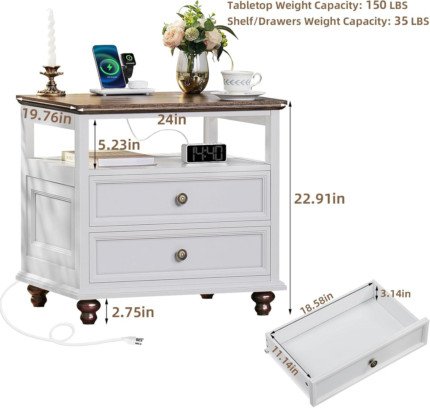 Farmhouse Nightstand Set of 2 with Charging Station, 24" Wide End Table with 2 Drawers,Dresser for Bedroom,Bed Side Table Chest of Drawers Cabinet,Wood White Night Stand for Living Room