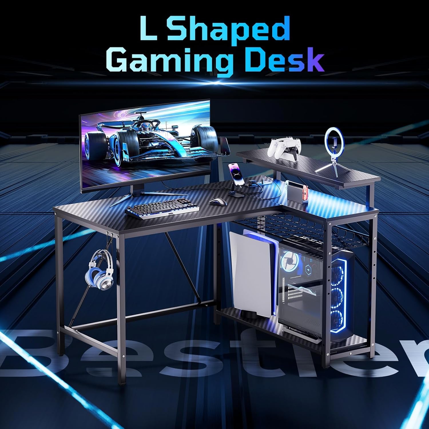 Gaming Desk with Power Outlets, 42" L-Shaped Computer Desk with LED Lights, Desk with Reversible Storage Shelves & Hooks for Small Spaces, Bedrooms & Offices, Black Carbon Fiber