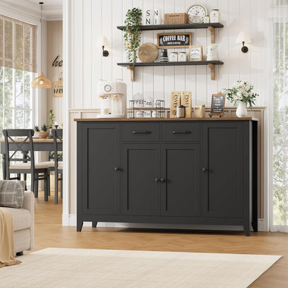 55" Buffet Cabinet with Storage, Kitchen Buffet Sideboard with Drawers, Large Storage Cabinet with Doors and Shelves, Modern Farmhouse Coffee Bar for Kitchen, Dining Room, Living Room, Black