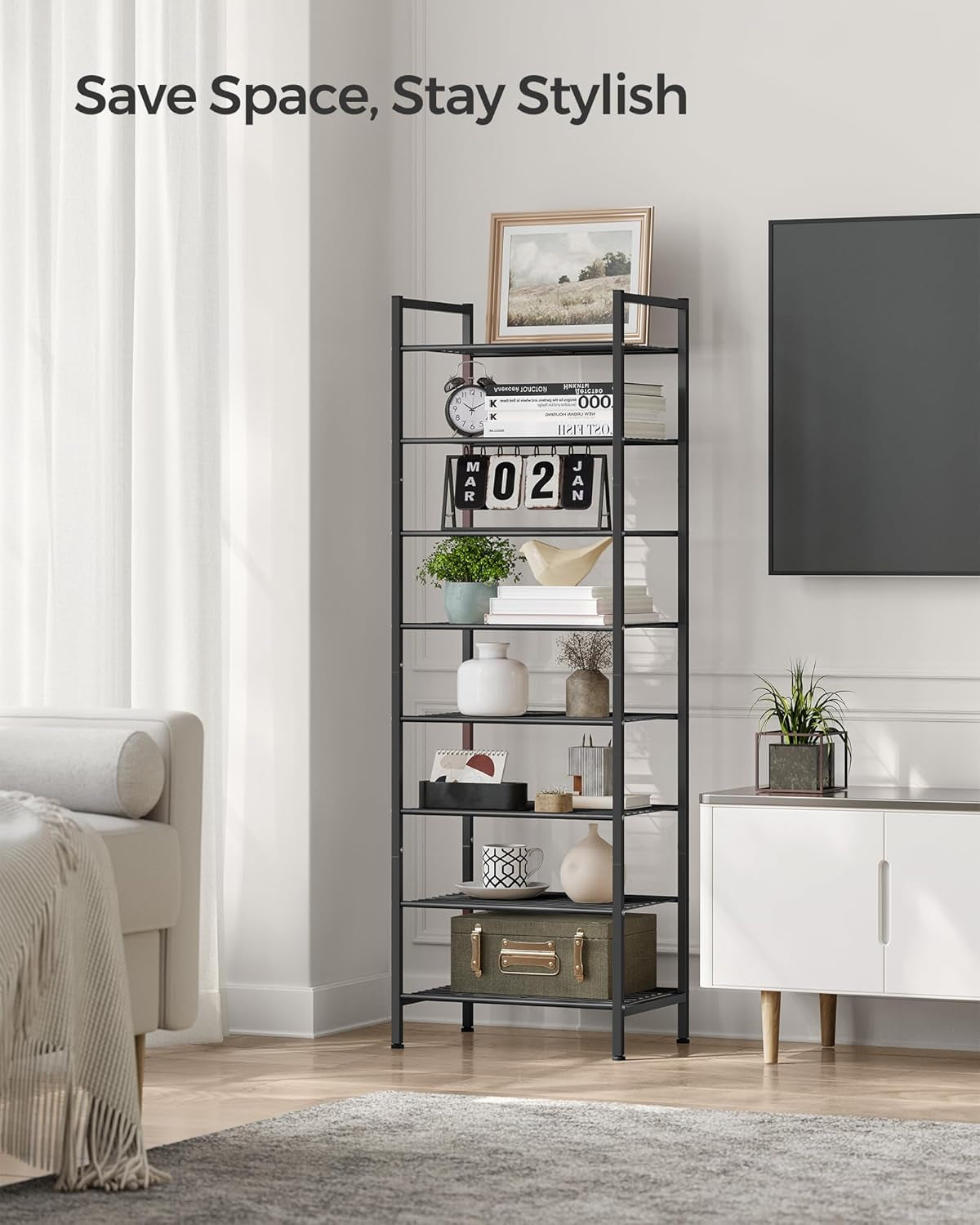 Narrow Shoe Rack, Sturdy 8 Tier Metal Tall Shoe Rack Shelf, Slim Shoe Storage Organizer for Closet Entryway Small Spaces, Vertical Shoe Stand Tower for 18 Pairs Shoes, Easy Assembly, Black