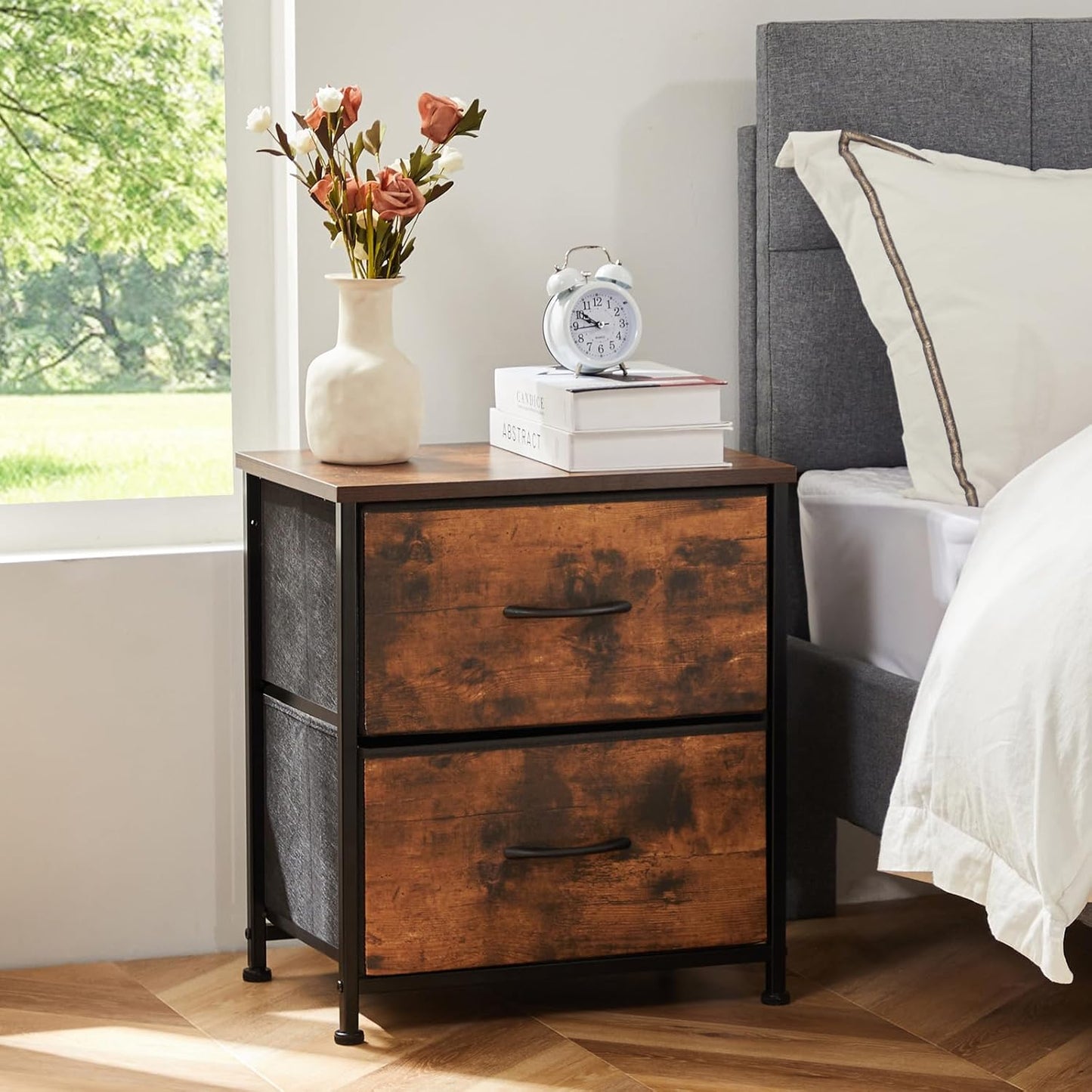 Nightstand Set of 2 with 2 Storage Drawers, 20" Height Small Bed Side Furniture End Table, Wooden Top Fabric Cabinet Kids Mini Dresser for Bedroom, Closet, Entryway, College Dorm
