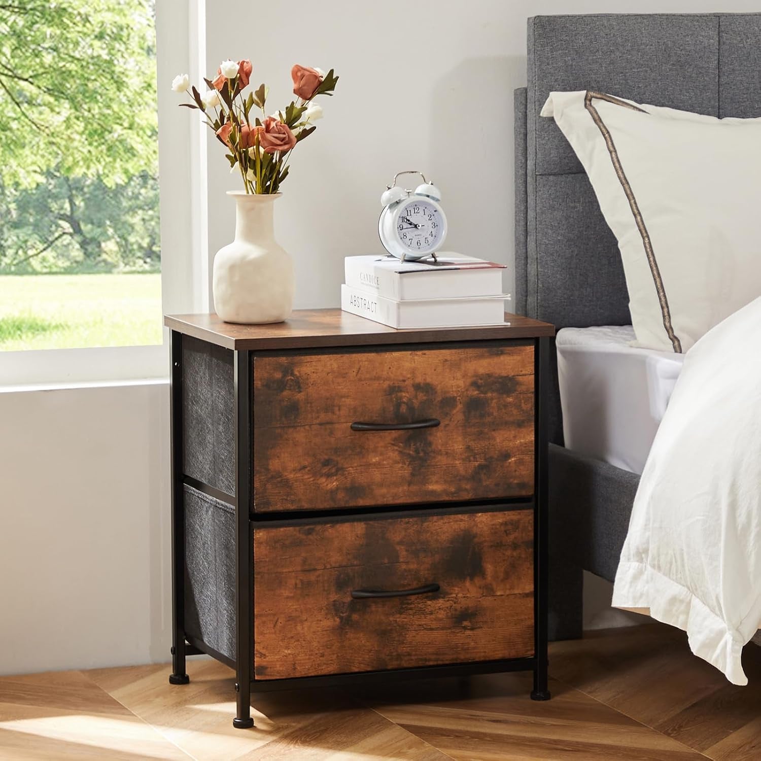 Nightstand Set of 2 with 2 Storage Drawers, 20" Height Small Bed Side Furniture End Table, Wooden Top Fabric Cabinet Kids Mini Dresser for Bedroom, Closet, Entryway, College Dorm