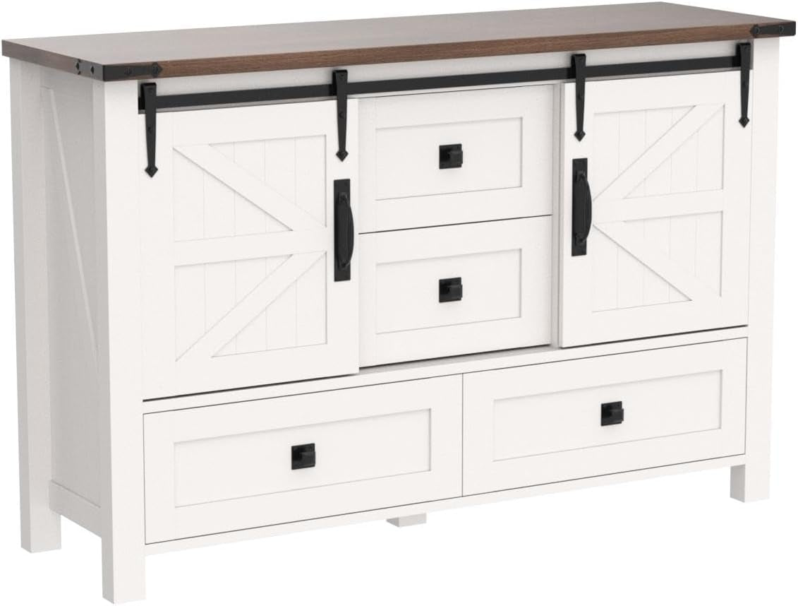 Farmhouse Dresser for Bedroom W/4 Drawers & Sliding Barn Doors, 48'' Wide Chest of Drawers, Rustic Dresser TV Stand W/Shelf, Organizer for Bedroom, Living Room, Entryway, Antique White