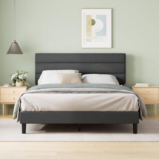 Full Piper Upholstered Platform Bed with Horizontal Paneled Headboard, Wooden Slat Support, No Box Spring Needed, Easy Assembly, Eco Friendly Packaging, Dark Grey