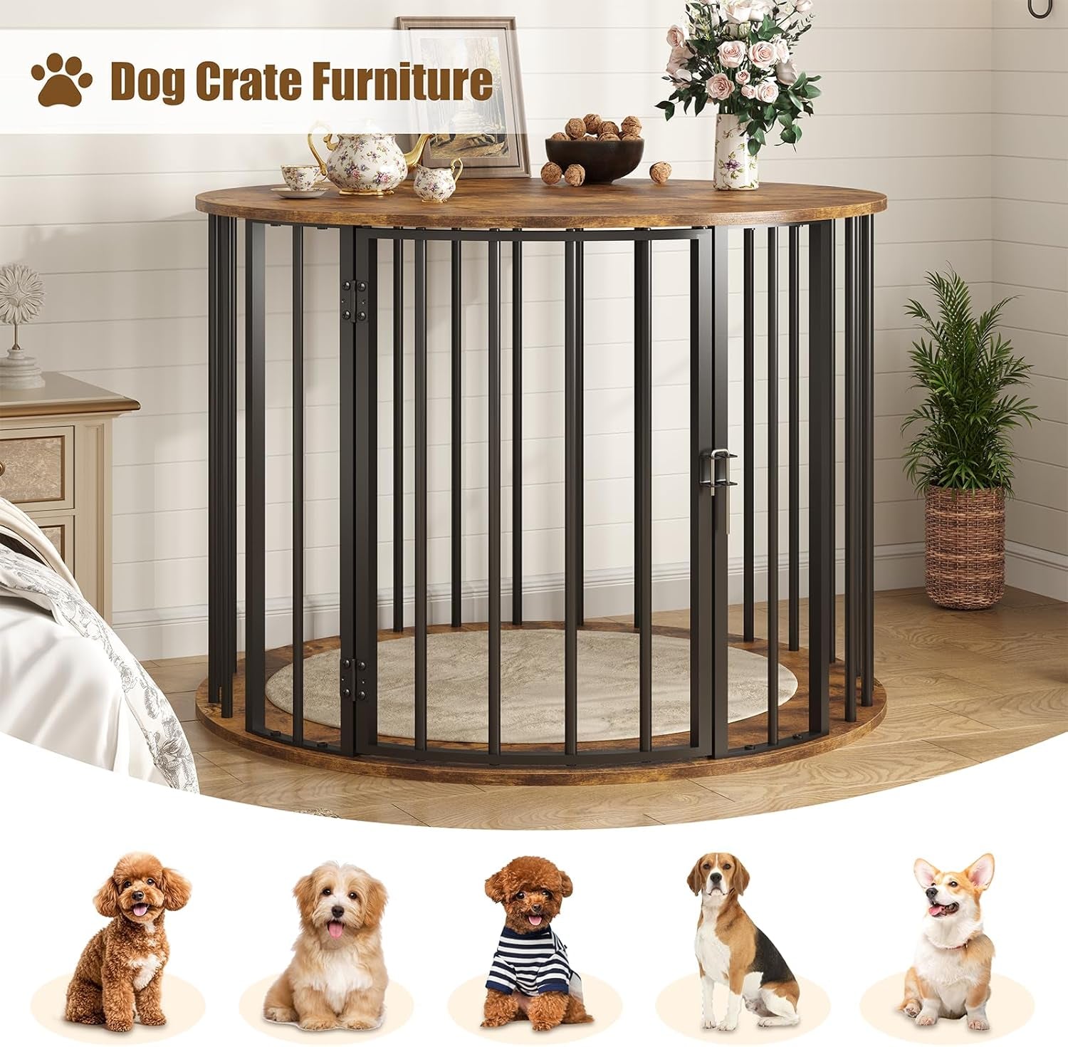 32 Inch Dog Crate Furniture for Large Medium Dogs, Wooden Dog Kennel Indoor Decorative Pet House Side End Table, round Dog Cage, White and Gold