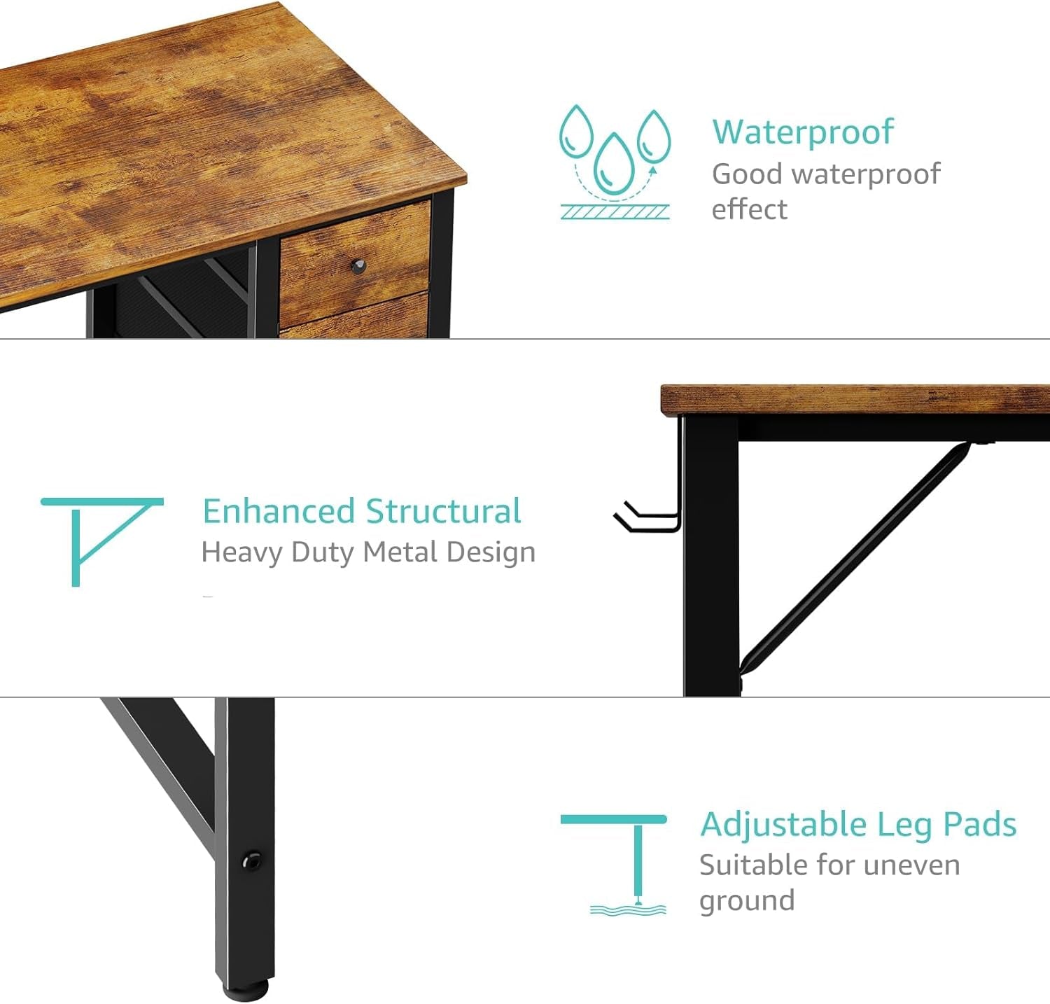47 Inch Computer Desk with 4 Fabric Drawers, Reversible Writing Work Study Desk for Home Office Bedroom, Modern Simple Student PC Desks, Rustic Brown