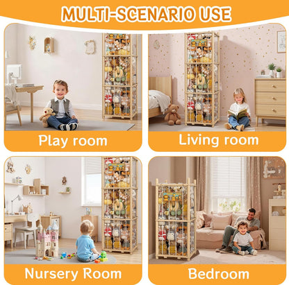 Wooden Stuffed Animals Storage Tower, Vertical Stuffy Animal Zoo Organizer with Nameplate, Large Stuffed Animal Cage for Kids Room, Stuffy Storage Holder for Nursery and Playroom Natural Wood