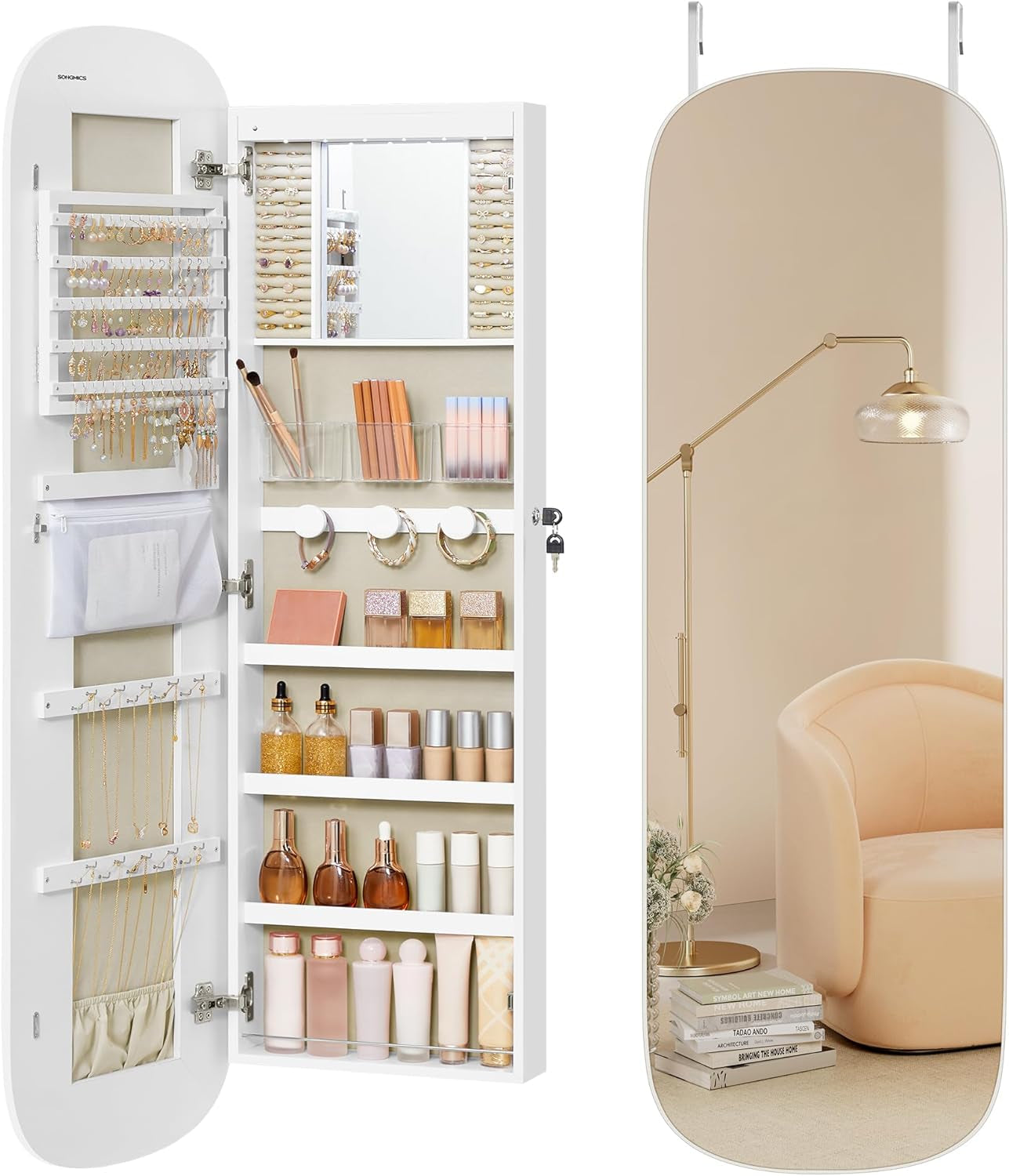 Jewelry Organizer, LED Jewelry Cabinet Wall/Door Mounted, Lockable Rounded Wide Mirror with Storage, Interior Mirror, 3.9 X 16.5 X 42.5 Inches, White Surface with Greige Lining