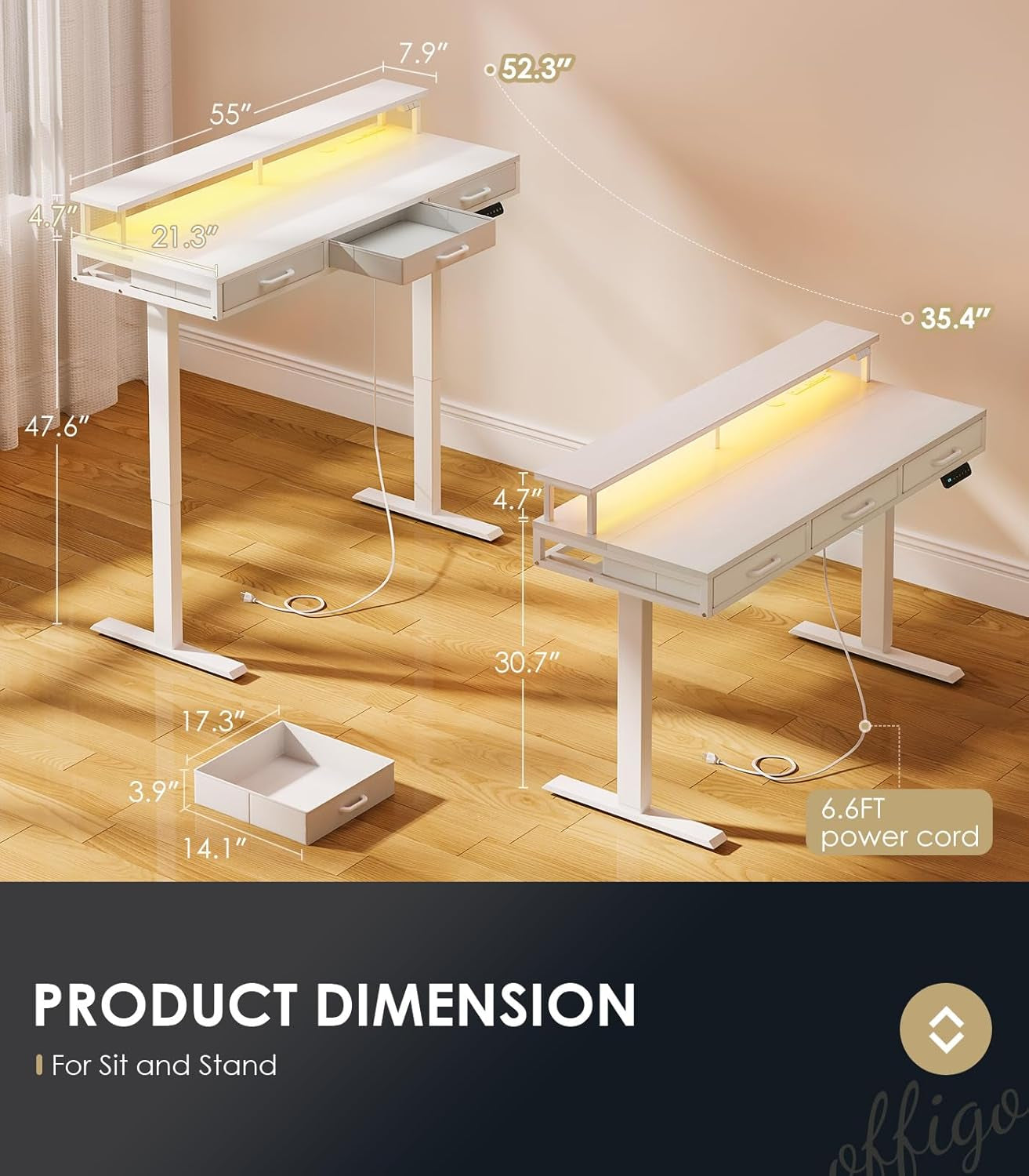 Electric Standing Desk with Drawers, 55 Inch Height Adjustable Desk with Power Outlets & LED Lights, Sit Stand Table with Monitor Stand for Home, Office, Workstation, White
