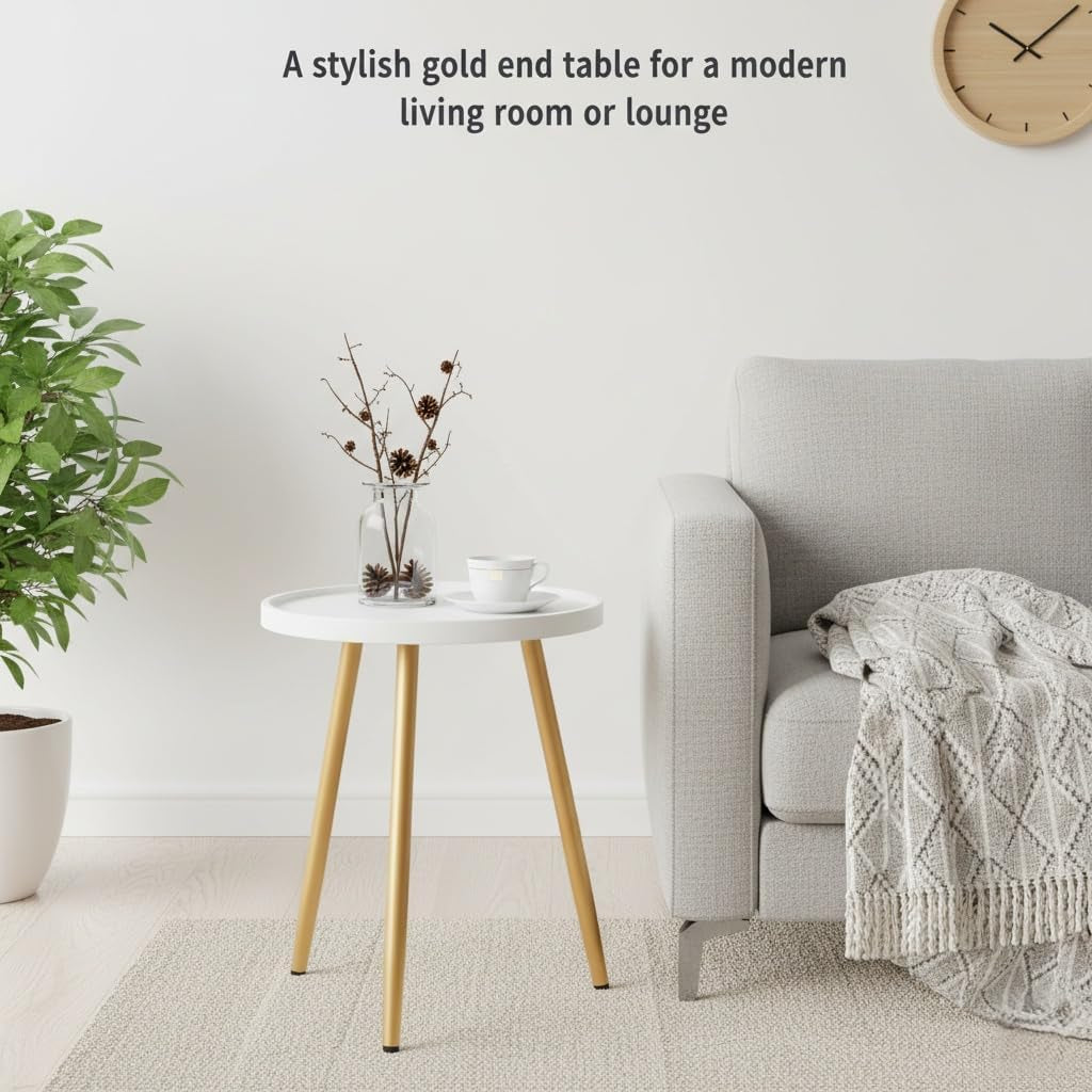 Nursery Side Table, Metal Legged Mini Table with Wooden Tray, Small round End Table for Living Room, Bedroom, Nursery, White & Gold
