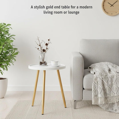 Nursery Side Table, Metal Legged Mini Table with Wooden Tray, Small round End Table for Living Room, Bedroom, Nursery, White & Gold