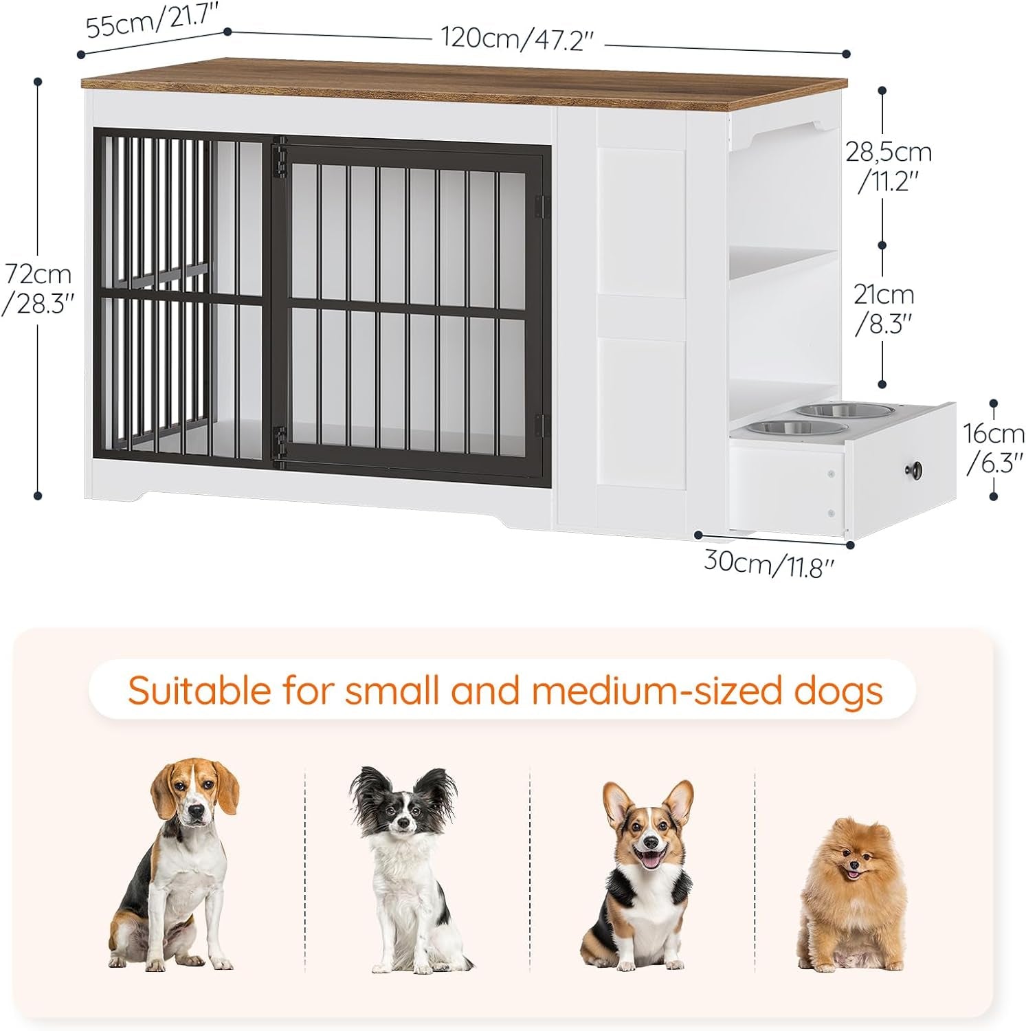Dog Crate Furniture, 47.2” Dog Kennel Indoor with Storage Shelf and Feeding Bowls, Wooden Dog Kennel Furniture for Medium Large Dogs, White, Walnut and Black