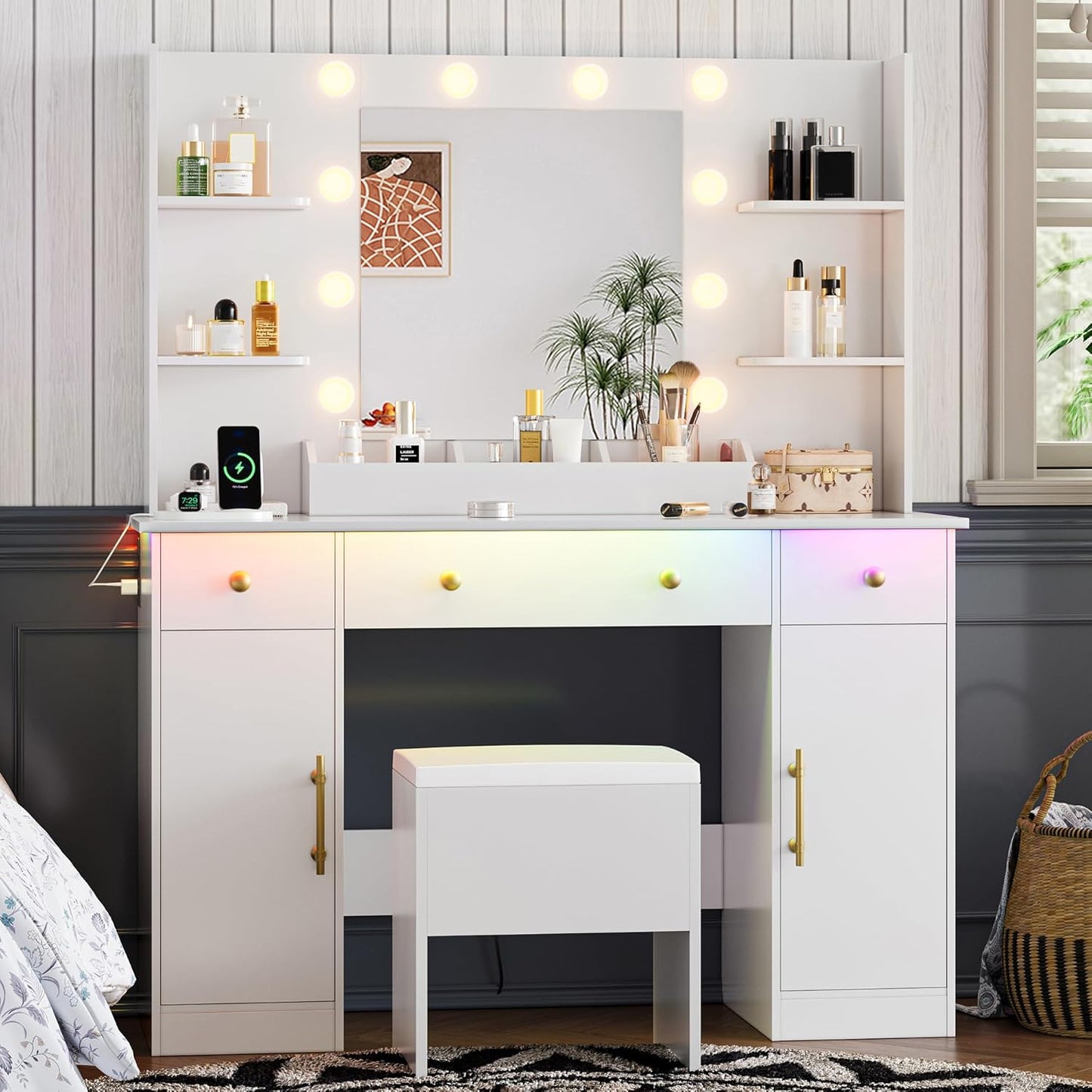 Vanity Desk with Mirror and Lights, 43'' White Makeup Dressing Table Set with 5 Drawers & Chair, Power Outlet, 3 Lighting Modes Adjustable Brightness & RGB LED for Women Girls Bedroom Bathroom