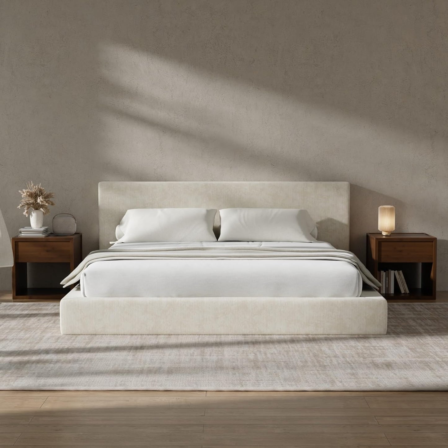 Airframe King Size Bed Frame with Headboard, Cloud Upholstered Platform Bed Frame, 5 Inch Foam Cushioned, No Box Spring, Easy Assembly(Beige Chenille)