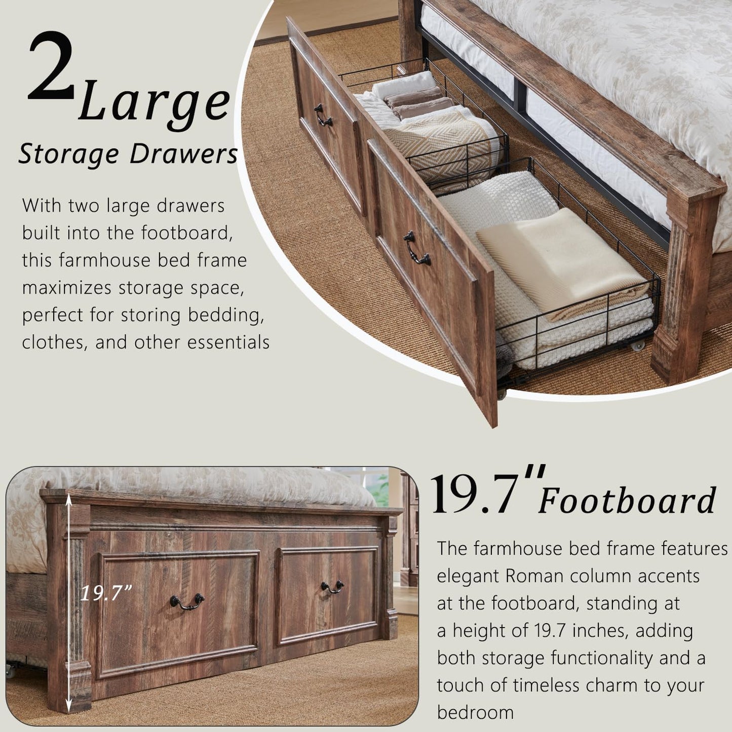 Farmhouse Queen Size Bed Frame with 51" Tall Headboard, Wood Platform Bed Frame with 20" Tall Roman Column Decoration Footboard & 2 Large Storage Drawers, No Box Spring Needed (Light Brown)