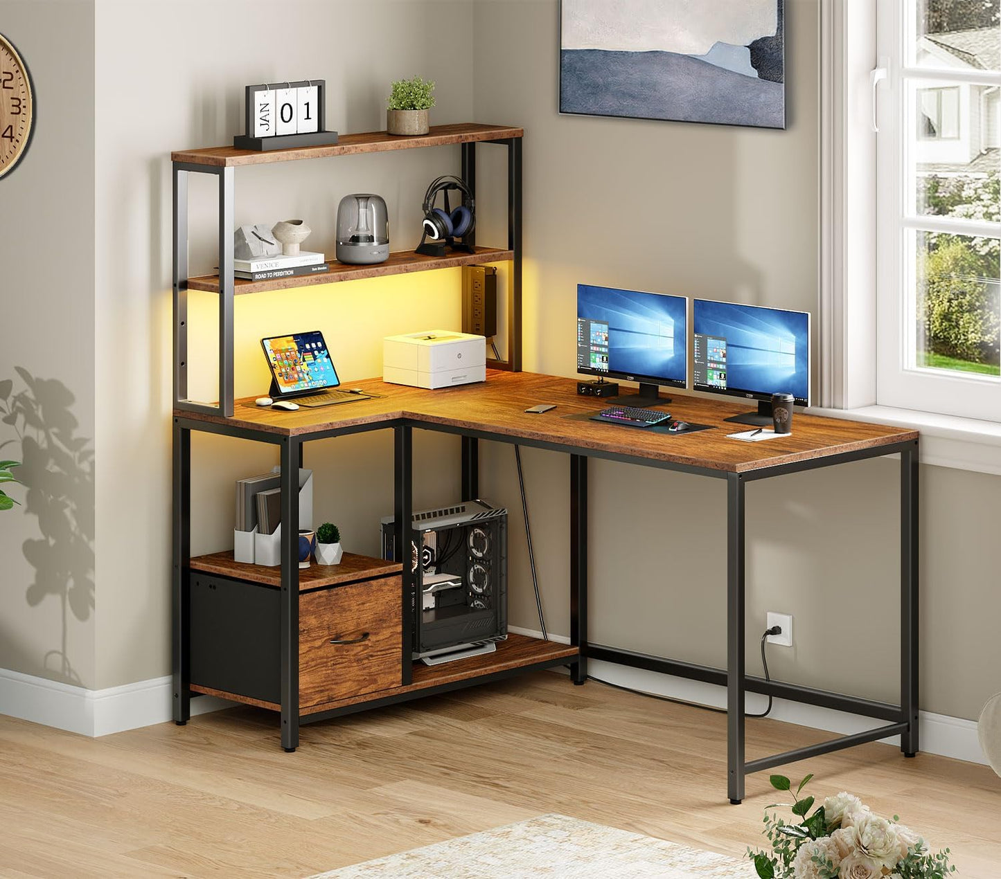 L Shaped Gaming Desk, 46 Inch Reversible Computer Desk with LED Light & Power Outlet, Office Desk with Storage Shelves & Drawer, for Home Office, Study, Rustic Brown and Black BF18UDDN01