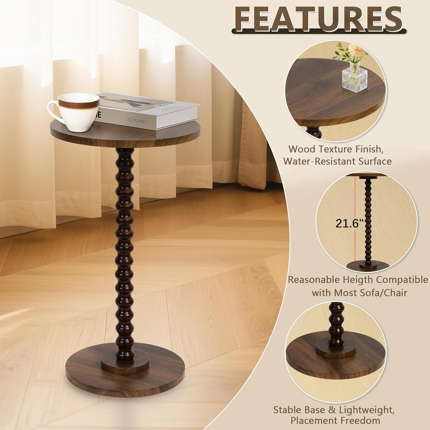 Round Side Table, Small End Table for Small Space, Modern Accent Table with Solid Wood Leg, Easy Assembly for Living Room, Bedroom, Corners, and Office (Rustic Brown)