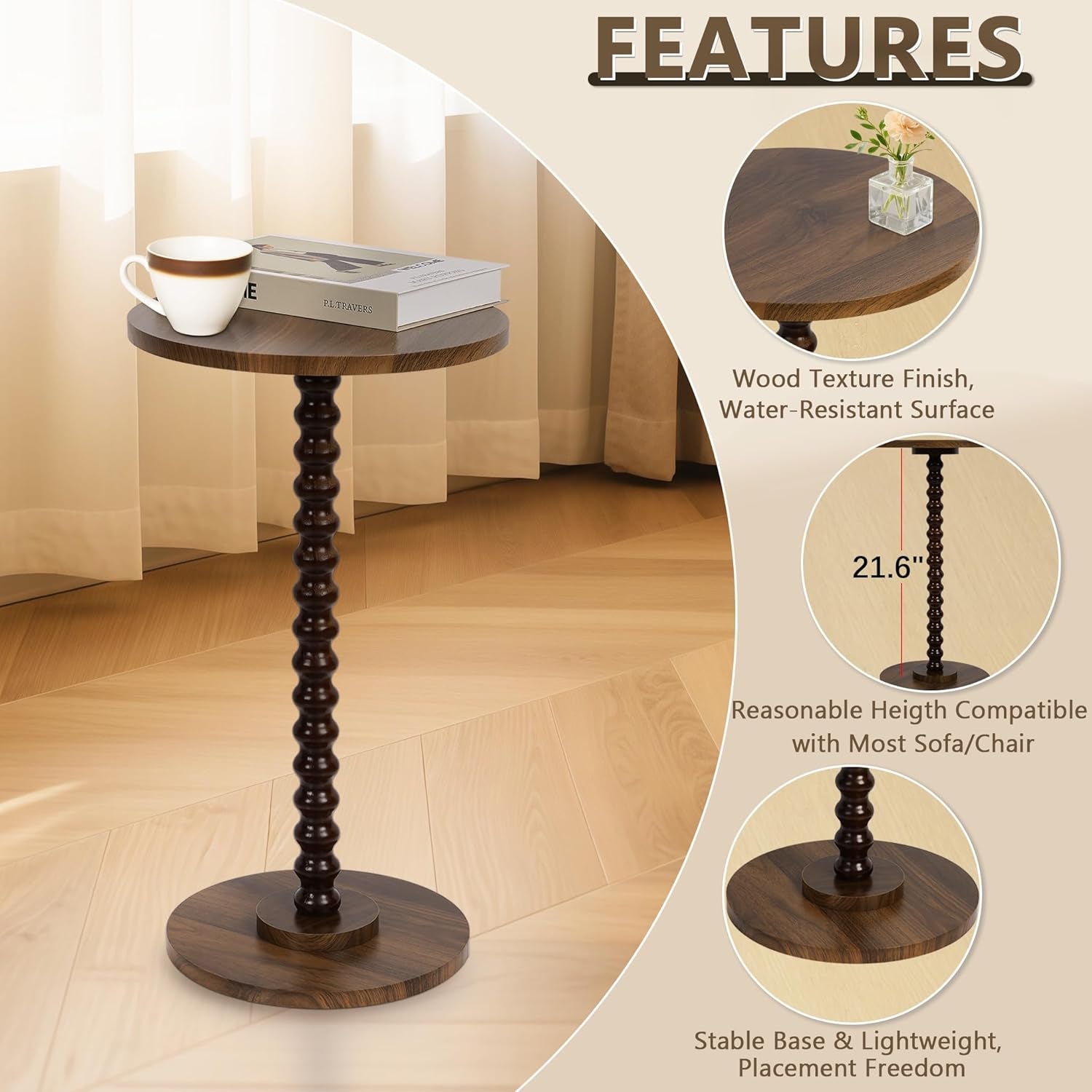 Round Side Table, Small End Table for Small Space, Modern Accent Table with Solid Wood Leg, Easy Assembly for Living Room, Bedroom, Corners, and Office (Rustic Brown)