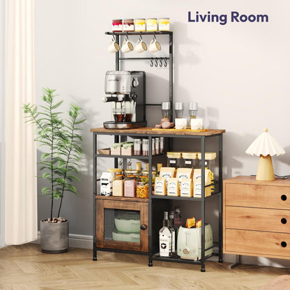 Bakers Rack with Storage - Coffee Bar Cabinet Organizer with 8 Hooks, Shelves & Cabinet Door, Coffee Station for Kitchen Dining Room, Microwave Stand with Adjustable Feet, Espresso