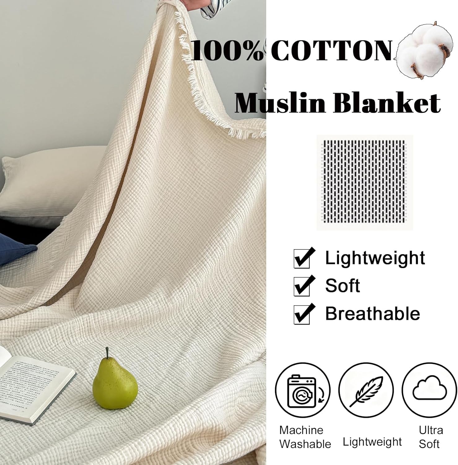 100% Cotton Muslin Throw Blanket with Fringes 50"X60", 4-Layer Cotton Gauze Blankets for Adults, Boho Bedding Breathable Lightweight Ultra-Soft for Couch Bed Sofa All Seasons, Linen Beige