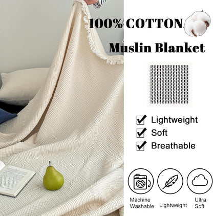100% Cotton Muslin Throw Blanket with Fringes 50"X60", 4-Layer Cotton Gauze Blankets for Adults, Boho Bedding Breathable Lightweight Ultra-Soft for Couch Bed Sofa All Seasons, Linen Beige
