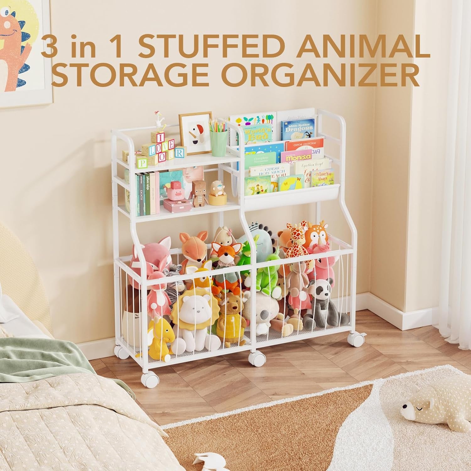 Stuffed Animal Storage Organizer - Rolling Kids Bookshelf and Toy Storage with 3 Tiered Book Display and Toy Chest - Rolling Furniture for Kids Room, Playroom, Bedroom, Nursery, White