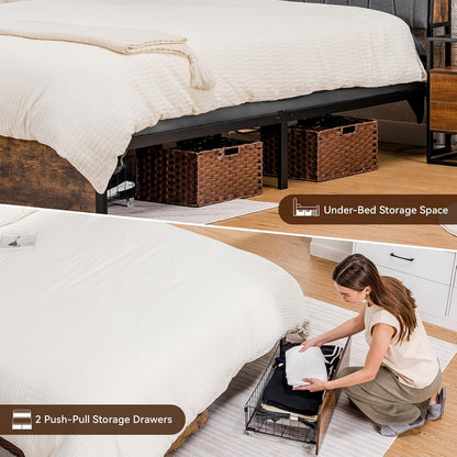 Queen Size Platform Bed Frame with LED Lights and Charging Station, Storage Headboard and Footboard Drawers, No Box Spring Needed, Rustic Wood Look