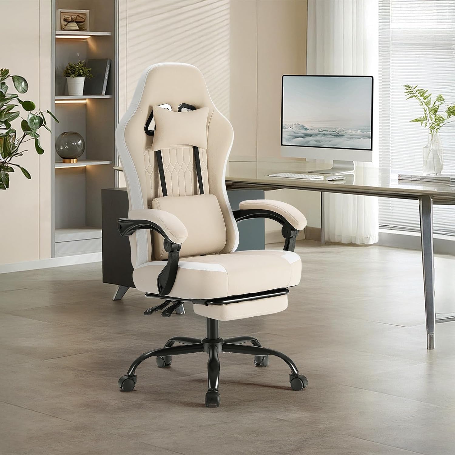 Computer Gaming Chair - High Back Ergonomic Desk Chair with Footrest and Lumbar Support, Height Adjustable Task Chair with Linkage Armrests and Headrest, 360° Swivel Wheels, Khaki