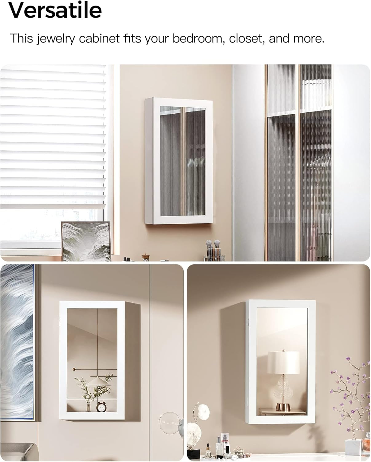 Lockable Jewelry Cabinet Armoire with Mirror, Wall-Mounted Space Saving Jewelry Storage Organizer, White UJJC51WT