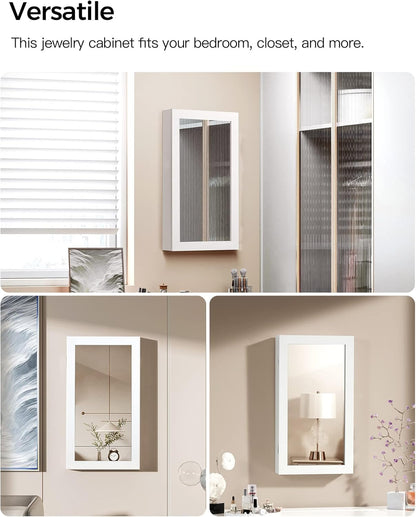 Lockable Jewelry Cabinet Armoire with Mirror, Wall-Mounted Space Saving Jewelry Storage Organizer, White UJJC51WT