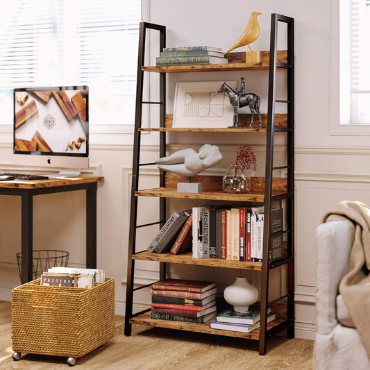 Industrial Bookshelves and Bookcases, Ladder Shelf 5 Tiers with Metal Frame for Living Room, Home Office, Rustics Brown