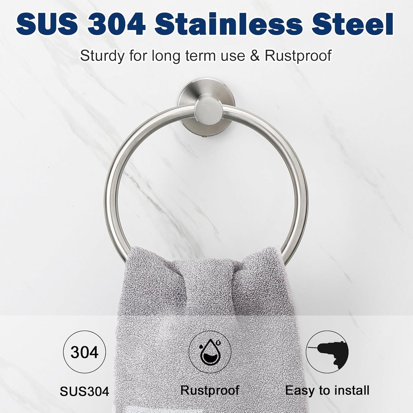 Bath Towel Ring, Bathroom Hardware Accessories-Thicken Stainless Steel Hand Towel Holder for Bathroom, Modern round Towel Hanger Wall Mounted (Brushed Nickel, 1 Pack)