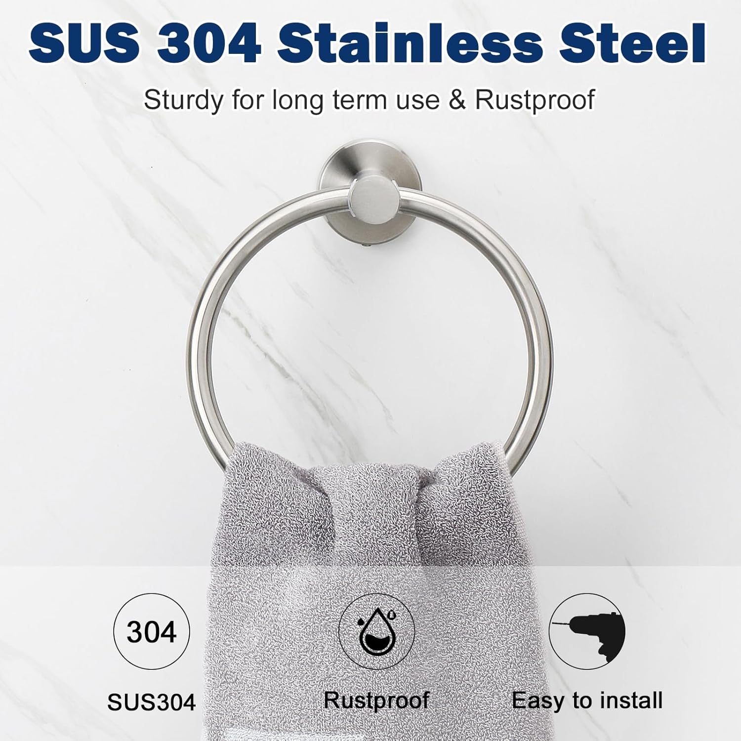 Bath Towel Ring, Bathroom Hardware Accessories-Thicken Stainless Steel Hand Towel Holder for Bathroom, Modern round Towel Hanger Wall Mounted (Brushed Nickel, 1 Pack)