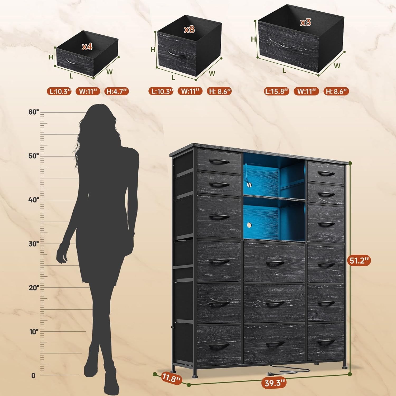 51" H Dresser with 15 Drawers Dresser for Bedroom with Charging Station & LED Lights & Hutch Sturdy Black Bedroom Dressers, Steel Frame, Wood Top, 51.2" H X 39.3" W X 11.8" D