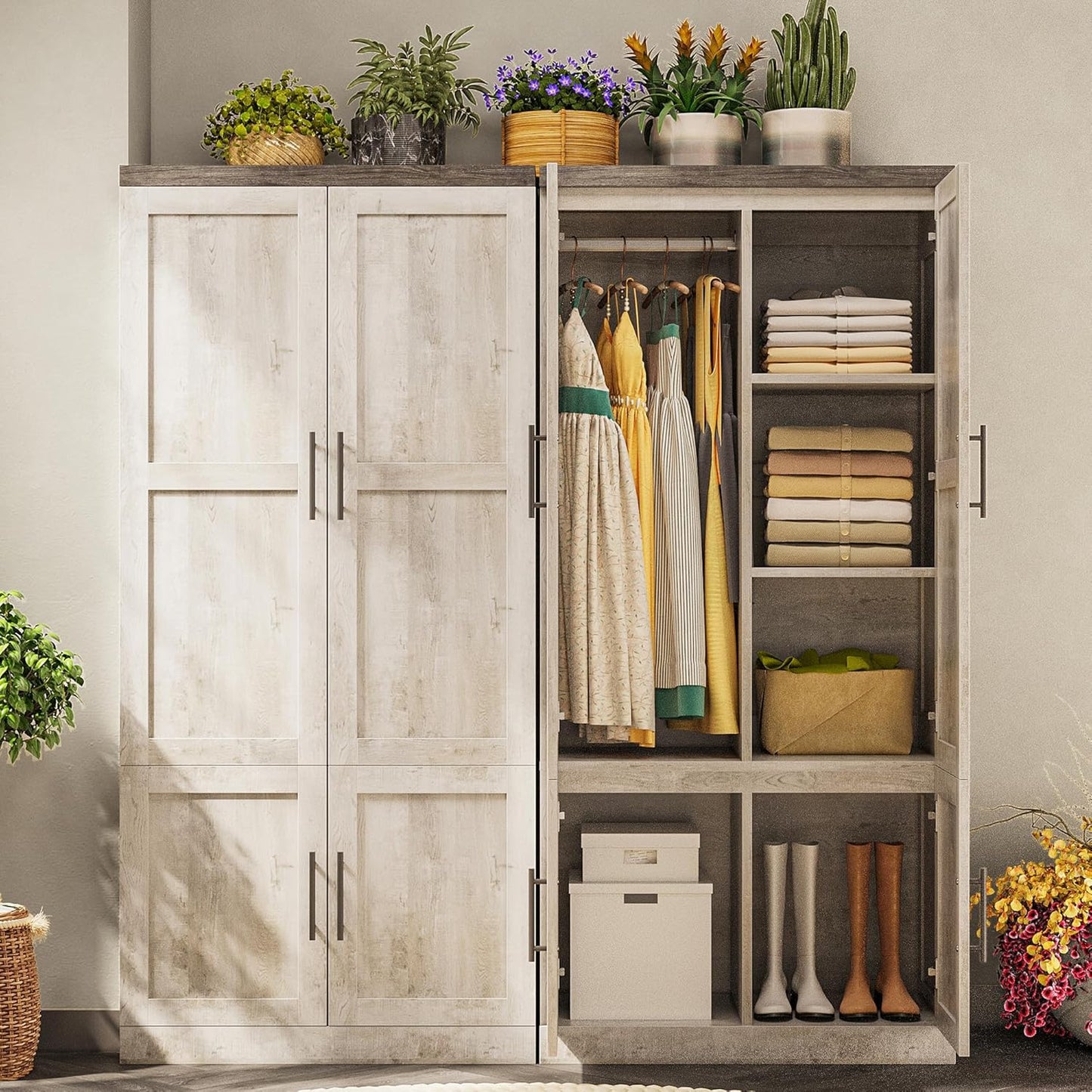 Large Wardrobe Closet, Farmhouse Clothing Storage Cabinet with Hanging Rod and 2 Doors, Wooden Tall Bedroom Armoires with Storage Shelves, Rustic White