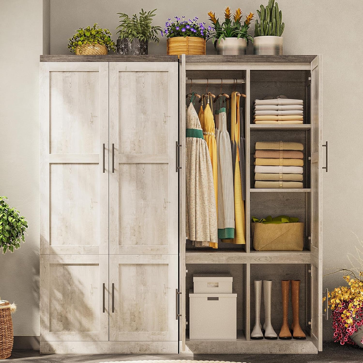 Large Wardrobe Closet, Farmhouse Clothing Storage Cabinet with Hanging Rod and 2 Doors, Wooden Tall Bedroom Armoires with Storage Shelves, Rustic White