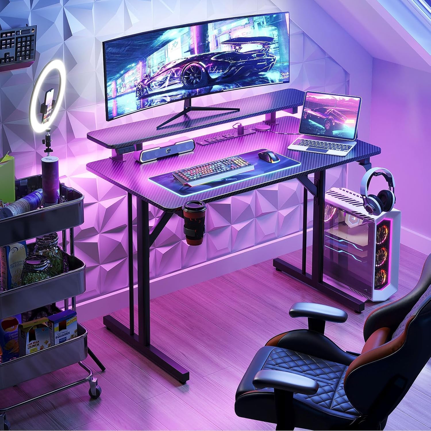 32 Inch Small Gaming Desk with LED Lights & Power Outlets, Computer Desk Gaming Table with Monitor Shelf, Gamer Desk with Carbon Fiber Texture, Kids Boys Desk Gift for Men