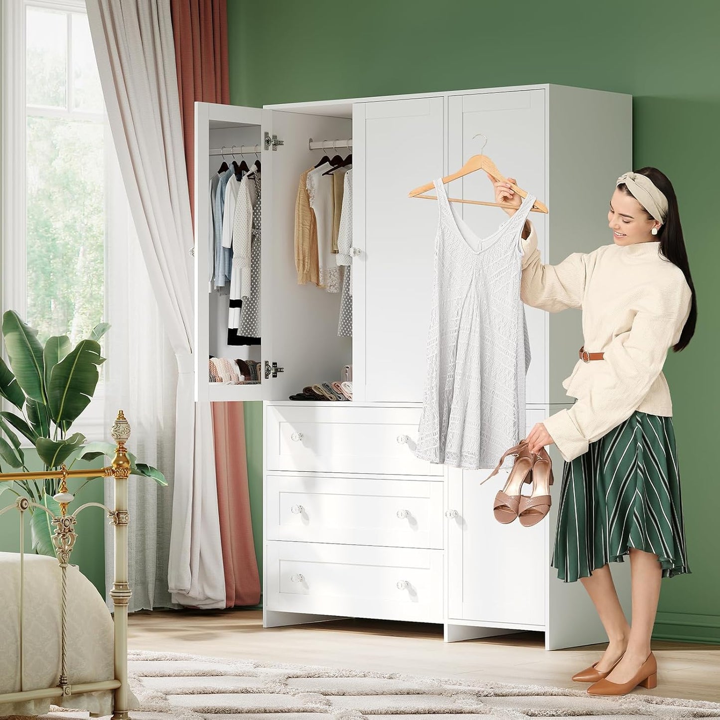 Armoire Wardrobe Closet with Drawers and Mirror, 71" Clothing Storage Cabinet with Hanging Rod, 4 Doors Wooden Wardrobe Cabinet for Bedroom, Large Capacity Storage