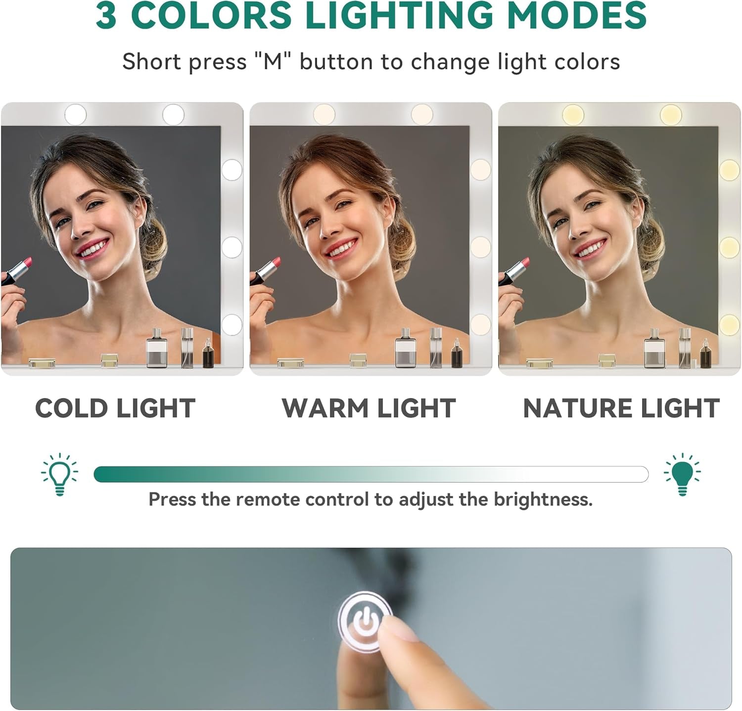 Vanity Desk with Mirror, Makeup Vanity Set with Power Strip, 9 Dimmable Bulbs, Drawers, Cabinet, Shelves, and Stool, 3-Color Adjustable Lighting, Elegant Vanity for Dressing Room, White