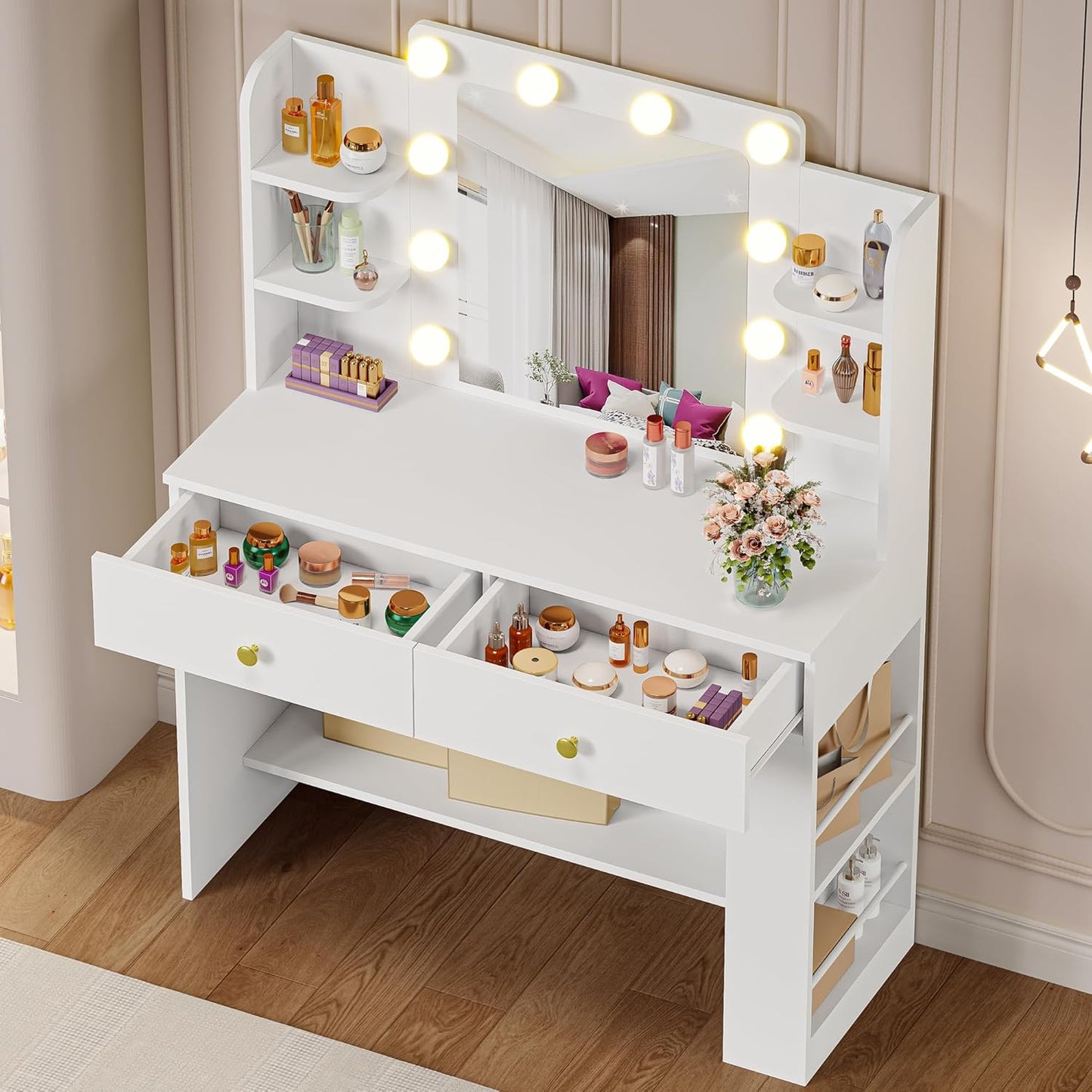 Vanity Desk with Mirror and Lights, Small Makeup Vanity Table with 3 Color Modes, 2 Drawers, 2 Side Shelves & Open Storage Shelves, Dressing Table for Bedroom,White