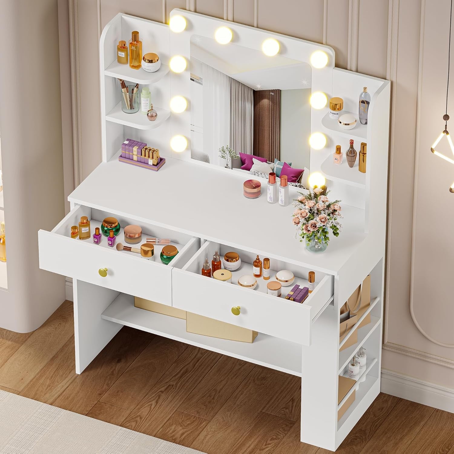 Vanity Desk with Mirror and Lights, Small Makeup Vanity Table with 3 Color Modes, 2 Drawers, 2 Side Shelves & Open Storage Shelves, Dressing Table for Bedroom,White