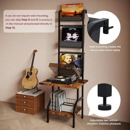 Record Player Stand with Vinyl Storage, Record Player Table Holds up to 200 Albums, 5-Tier Turntable Stand for Living Room, Rustic Brown