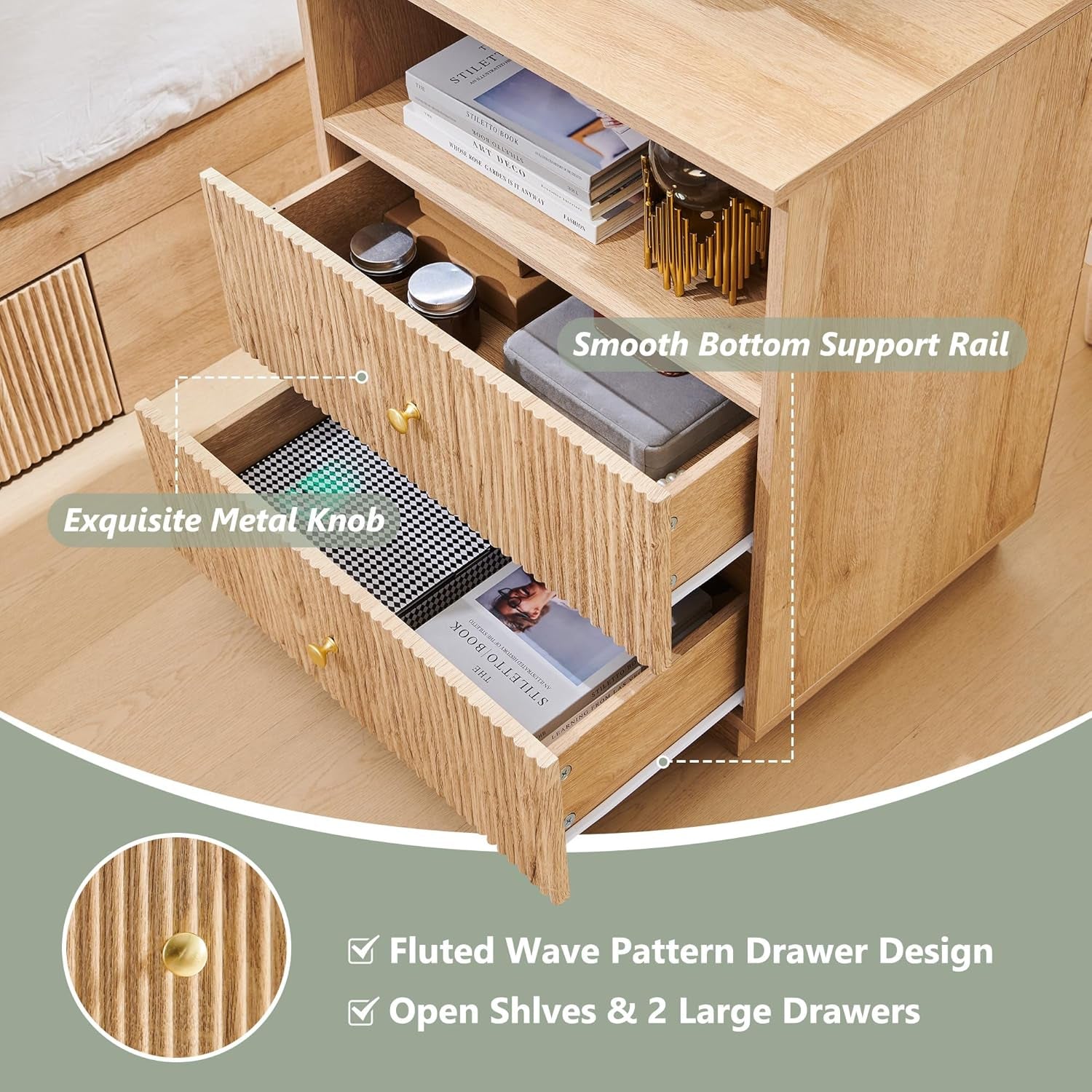 Fluted Night Stand with Charging Station, 21.65" Nightstand with Drawer/Open Shelves, 2 Drawer Dresser for Bedroom, Morden End Table Bedside Table for Bedroom, Living Room, Natural