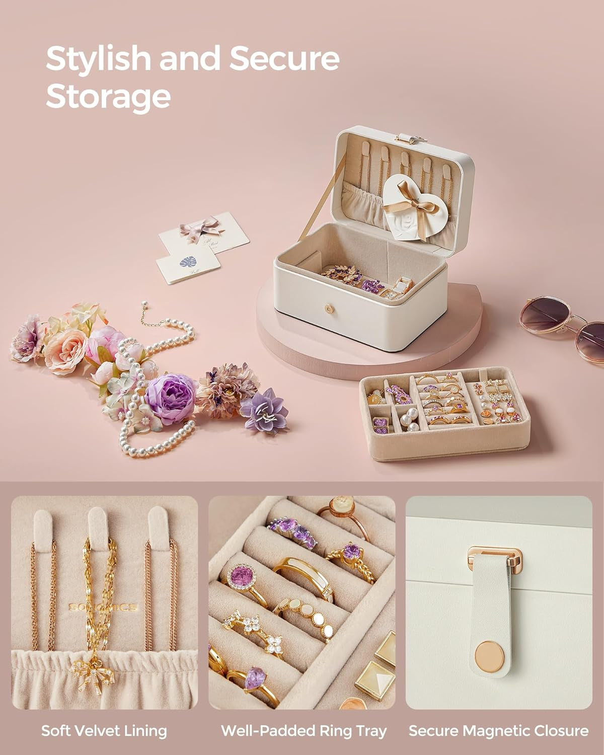 Jewelry Organizer Box, 2-Layer Travel Case for Earrings, Necklaces, Bracelets - Portable Jewelry Storage with Large Capacity, Gift-Ready Box for Women & Girls, Cloud White UJBC166W01